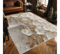 3D Flower Small Rugs 60x90cm, White Floral Tree Gold Leaf Rug, Anti Slip Rubber Area Rugs, Washable Soft Short Pile, Bedroom Decor Carpet, Patterned Home Decor A(1373)