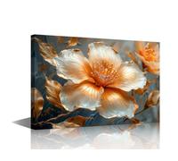 3D Flower Wall Art Blooming Golden Delicate Petals and Buds Pictures Print On Canvas Wall Art, 1 Panel Modern Wall Decoration for Living Room Stretched Framed Ready to Hang, 24" Wx16 H