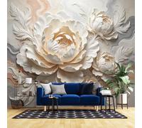 3D Flower Wallpaper Mural 120X84Inch Cream White Large Peony Sculpture Wall Mural Floral Feather Textured Wall Art For Living Room Tv Feature Wall Home Decor Peony 300X210Cm/120X84Inch(Wxh)