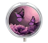 3D Flowers and Purple Butterfly Pill Box Round Portable Small Pill Case Waterproof Travel Pill Box Organizer for Pocket Purse and Daily Convenience