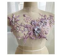 3D Flowers Beaded Lace Applique Patches, Embroidered Sew On Fabric for Wedding Dress Clothing, 29x35cm, 1 Pcs(Purple)