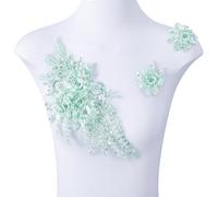 3D Flowers Beaded Lace Applique,Pearl Fabric Embroidered Flower Patch for Wedding Bride Dress Clothes Hat Curtain (Green)