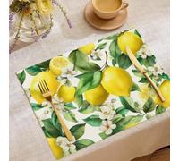 3D Flowers Lemon Placemats For Linen Table Mat Set Of 4 Summer Watercolor Plants Placemats Holiday Bright Yellow Cloth Mats For Kitchen Dining Table Decor Washable Tablemats 18X12In