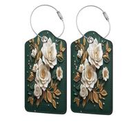 3D Flowers Wreath Green Leaves Gold Accents Luggage Tag for Suitcase 2 Pack Leather Luggage Tag with Privacy Flap Name Id Label and Metal Loop for Women Men Travel