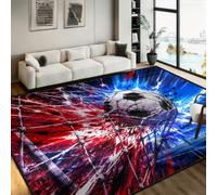 3D Football Area Rug 60x110cm Cool Dynamic Red and Blue Splash Goal Net | Washable Large Floor Mat Non-Slip Indoor Carpet for Modern Game Room Man Cave Living Room Sports Lounge