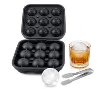 3D Football Ice Cube Molds, 9 Cavity Silicone Ice Cube Trays with Funnel, 1.2 Inch Large Round Ball Maker for Whiskey Cocktails Bourbon Brandy Beverages (9-Black)