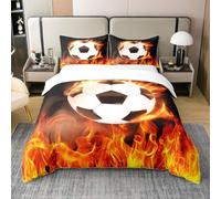 3D Football Print 100% Cotton Duvet Cover,Burning Fire Soccer Sports Bedding Set Single,Abstract Art Design Bed Sets for Teens Boys Youth,Soccer Ball Player Comforter Cover With 1 Pillowcase Comfy