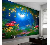 3D Forest Fireflies Wallpaper for Living Room, Dark Green Wall Mural Art for Bedroom Decoration Poster, Non-Woven Premium Art Print Fleece Photo Wallpaper 3D, 350 x 256 cm