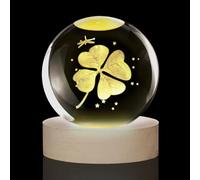 3D Four-Leaf Clover Crystal Ball - 7 Colour Changing LED Night Light, USB Powered Glass Decor with Wooden Base, Good Luck Charm for Home, Birthday, Exams - 60mm Paperweight Gift