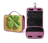 3D Four-Leaf Green Clover Good Luck Travel Toiletry Bag for Women,Hanging Makeup Organizer with Hook for Shampoo