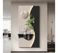 3D Frameless Sandstone Wall Art with LED Lights, Modern Moon Wall Decor with Transparent Vase, Green Plant Decoration Painting for Entrance Office Bedroom(A,40 * 80cm)