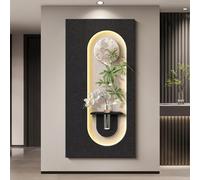 3D Frameless Sandstone Wall Art with LED Lights, Modern Moon Wall Decor with Transparent Vase, Green Plant Decoration Painting for Entrance Office Bedroom(C,40 * 80cm)