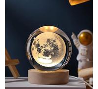 3D Galaxy Crystal Ball, LED Saturn Crystal Ball Night Light with Wooden Base, Moon Planets Ball Lamps for Birthday Christmas, Astronomy Space Presents for Boys Kids (Moon)