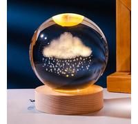 3D Galaxy Crystal Ball, LED Saturn Crystal Ball Night Light with Wooden Base, Moon Planets Ball Lamps for Birthday Christmas, Astronomy Space Presents for Boys Kids (Clouds Rain)