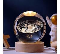 3D Galaxy Crystal Ball, LED Saturn Crystal Ball Night Light with Wooden Base, Moon Planets Ball Lamps for Birthday Christmas, Astronomy Space Presents for Boys Kids (Solar System)