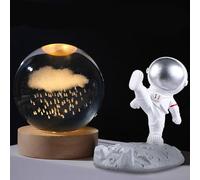 3D Galaxy Crystal Ball Night Light with Astronaut Figurine, 8CM LED Solar System Lamp & Space Decor Set with Wooden Base, Astronomy Night Light,Gift for Adults & Kids (Rain Clouds)