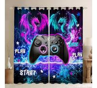 3D Gamepad Window Curtains Teens Adult Women,Dragon and Frie Curtains for Bedroom,Modern Gamer Draperies for Living Room,Blue Pink Neon Window Treatment Curtains Set of 2 Panels,46Wx72L