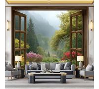 3D Garden and Forest Outside The Window Photo Mural - 150 x 105 cm Non-Woven Premium Fleece Wall Mural - High Definition Art Print Teen Bedroom Decoration Environmental Friendly Photo Wallpaper