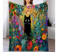 3D Garden Black Cat Extra Large Fleece Throw Blanket for Couch, Sofa, 270GSM King Size Super Soft and Warm Cosy Travel Blankets, Wildflowers Animals Lightweight Throw All Season Use