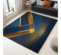 3D Geometric Gold Lines Rug Living Room Soft Short-Pile Dark Blue Rugs for Bedroom Anti Slip 60 x 120 cm, Thin Carpets for Dining Rooms, Offices, and Kids' Playrooms