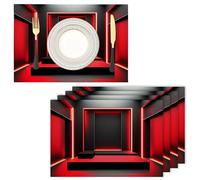 3D Geometry Heat Resistant Placemats 45x30cm, Red Washable Cotton Linen Anti-Slip Placemat Set of 6, Modern Abstract Placemats for Kitchen Dinning Party Wedding Table Decor