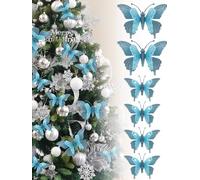 3D Glitter Christmas Butterfly Ornaments, 6 Pack Hanging Butterfly with Clip for Christmas Tree Decoration, Indoor Christmas Decoration (6, Blue &Diamonds)