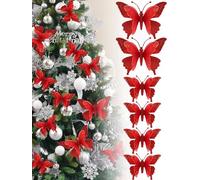 3D Glitter Christmas Butterfly Ornaments, 6 Pack Hanging Butterfly with Clip for Christmas Tree Decoration, Indoor Christmas Decoration (6, red &Diamonds)