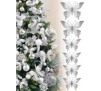 3D Glitter Christmas Butterfly Ornaments, 6 Pack Hanging Butterfly with Clip for Christmas Tree Decoration, Indoor Christmas Decoration (6, Silver &Diamonds)