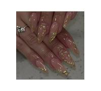 3D Gold Press on Nails, French Tip Acrylic False Nails, Almond Fake Nails with Irregular Line 3D Gold Chrome and Pearls Design, Reusable Glue on Nails for Women Girls