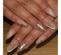 3D Gold Press on Nails Nude Cat Eye, Medium Almond Nail Press ons Magnetic Gradient Gold Lines French Tip & Pearl Design, 24Pcs Glossy Glue on Fake Nail for Women Winter Holiday New Year