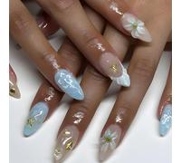 3D Gold Press On Nails with Ocean Seashells & Floral Accents - Almond Shape Reusable Artificial Nails for Women, Summer Beach Design Blue Nude Translucent Patterns Easy Application Using Jelly