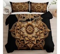 3D Golden Floral Sculpture Art Small Single Duvet Cover Set, Microfiber Bedding Set with Pillowcases, Ultrasoft Hypoallergenic Reversible Black Quilt Cover for Kids Girls Teens Adults - 120 x 150 cm