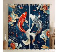 3D Goldfish Window Curtains Eastern Chinese Style Tie Dye Flowers Window Drapes for Kids Teens Adults Dreamy Animal Gold Swirls Graffiti Curtains for Living Room 2 Panels 46Wx72L