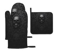 3d Gothic Wallpaper Skull 3pcs Oven Mitts And Pot Holders Sets,Waterproof Heat-Resistance Microwave Cooking Oven Gloves,Chef Potholders Mittens,Kitchen Cooking Bbq Gloves And Hot Pads