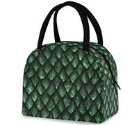 3D Green Dragon Scales Reusable Lunch Tote Bag with Front Pocket Insulated Thermal Zipper Closure Cooler Container Bag for School Work Picnic Travel Fishing Beach