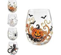 3D Halloween Artisan Glassware Collection,Halloween Glass Cups with Ghost Pumpkin Spider Black Cat Design,Premium Handleless Glass,for Cocktails,Iced Coffee,Gothic Party Decor & Fall Gift (Pumpkin)