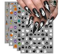 3D Halloween Nail Stickers, 6 Sheets 5D Self-Adhesive Embossed Nail Decal White Black Ghosts Ghosts Nail Art Decoration Design Supplies
