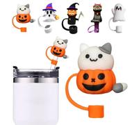3D Halloween Straw Cover Cap for Stanley Cup, Silicone Skull Ghost Straw Topper Compatible with 30&40oz Tumbler with Handle,10mm 0.4in Dust-Proof Reusable Straw Tips Lids (Orange Pumpkin Cat)