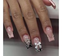 3D Handmade French False Nails with Charms, Medium Long Square Press on Nails, Cute Bow Pearl Heart Natural Acrylic Stick on Nails, Removable Glossy Manicure Kit for Women Manicure Decoration