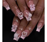 3D Handmade Pink French False Nails with Charms, Medium Long Square Press on Nails, Cute Bow Pearl Flower Natural Acrylic Fake Stick on Nails, Removable Glossy Manicure Kit for Women and Girls
