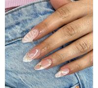 3D Handmade Press on Nails - 24 Pieces False Nails Almond - Flower French Tip False Nails Medium Length - 12 Sizes Stick on Nails - Full Cover Glossy Acrylic Nails with Nail File & Nail Sticky Tabs