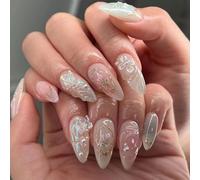 3D Handmade Press on Nails Medium Almond Fake Nails with Charms French Blush False Nails Butterfly Flower Bow Design Cute Acrylic Full Cover Glue on Nail Reusable Stick on Nail for Women Daily Wear
