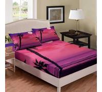 3D Hawaii Super King Fitted Sheet Tropical Seascape Printed Bed Sheets 30 cm Deep Fitted Sheets Soft Microfiber Bedding 180x200 cm with 2 Pillowcases for kids and aldults XCW1071