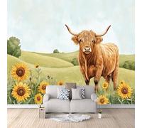 3D HD Printing Wallpapers Highland Cow Sunflower 400x280cm,Large Wall Mural,Murals Suitable for Bedroom, Living Room, Children's Room, Home Decoration,TV Background Wall