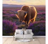 3D HD Printing Wallpapers Highland Cows 300x210cm,Large Wall Mural Lavender Rustic,Murals Suitable for Bedroom, Living Room, Children's Room, Home Decoration,TV Background Wall