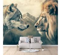 3D HD Printing Wallpapers Lion and Wolf Face Off 300x210cm,Large Wall Mural,Murals Suitable for Bedroom, Living Room, Children's Room, Home Decoration,TV Background Wall