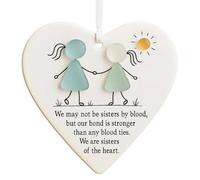 3D Heart Shaped Christmas Heart Sisters Ornament, Ceramic & Sea Glass Souvenir Decor with "We May Not Be Sisters By Blood..." Design Keepsake for Friends Xmas Tree Hanging Decorations (Heart-I)