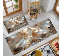 3D Hibiscus Flower Kitchen Mats Sets, 2 Piece Bronze Style Kitchen Rugs, Waterproof Non-slip Anti-Fatigue Home Runner Washable Standing Floor Mats 50x80cm+50x150cm Rose Gold