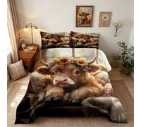 3D Highland Cow Comforter Set Queen Size Rustic Farmhouse Cattle Bedding Set Bedroom Decor Cute Livestock Animal Quilt Set for Kids Boys Girls Western Country Style Duvet Insert 3Pcs