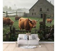 3D Highland Cows Wallpaper 300x210cm, Autumn Landscape Photo Wallpaper,Modern Art Wall Murals,for Living Room Bedroom Decoration, Easy to Install